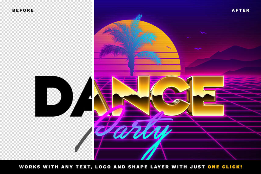 80s Gold Chrome Text Effect Before - After
