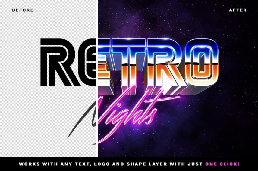 80s Space Future Text Effect Before - After