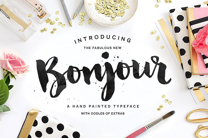 bonjour! typeface with extras watercolor font