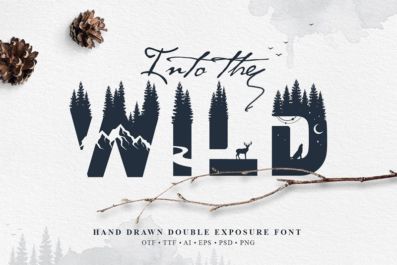 into the wild double exposure camping and hiking font