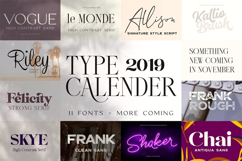 type calendar 2019 50s font