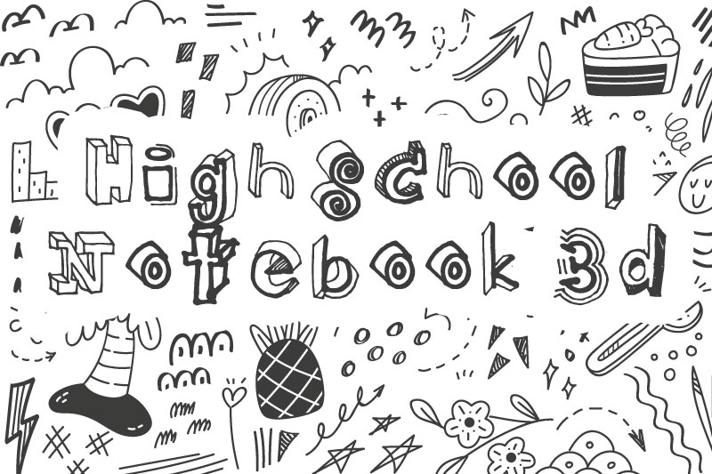 high school notebook 3d doodle font