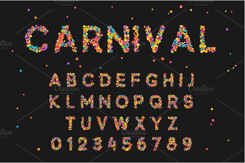 font alphabet of colored confetti carnival font