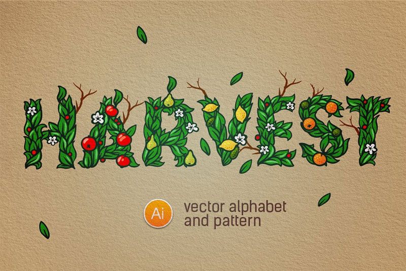 full editable alphabet & patterns leaf font