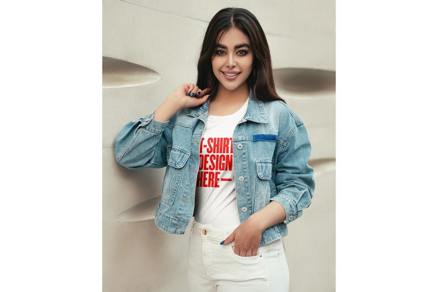 Standing Girl Wearing T-Shirt Mockup with Denim Jacket