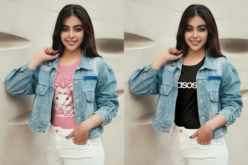 Standing Girl Wearing T-Shirt Mockup with Denim Jacket
