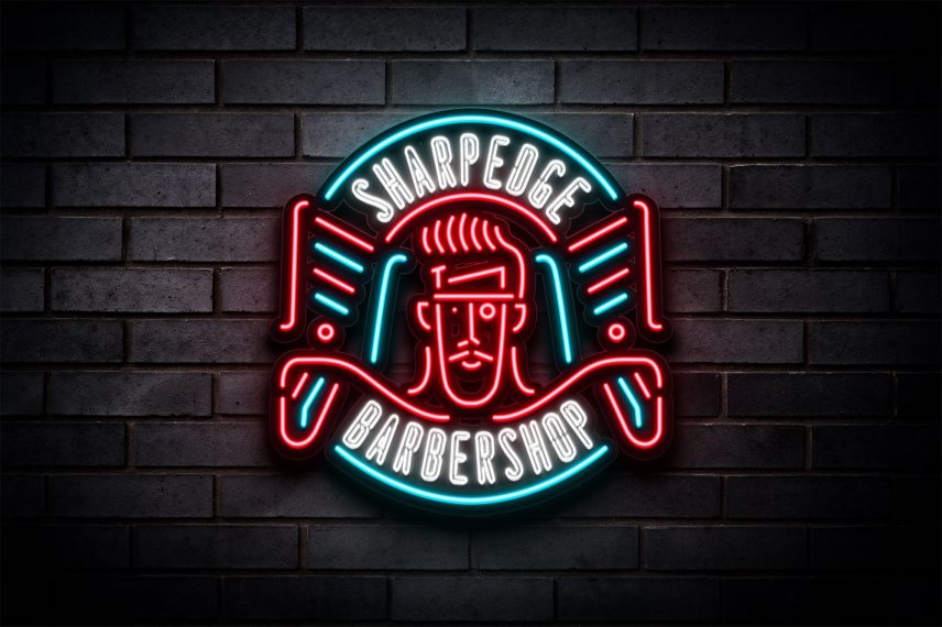 Barbershop Logo Neon Sign PSD EPS Vector