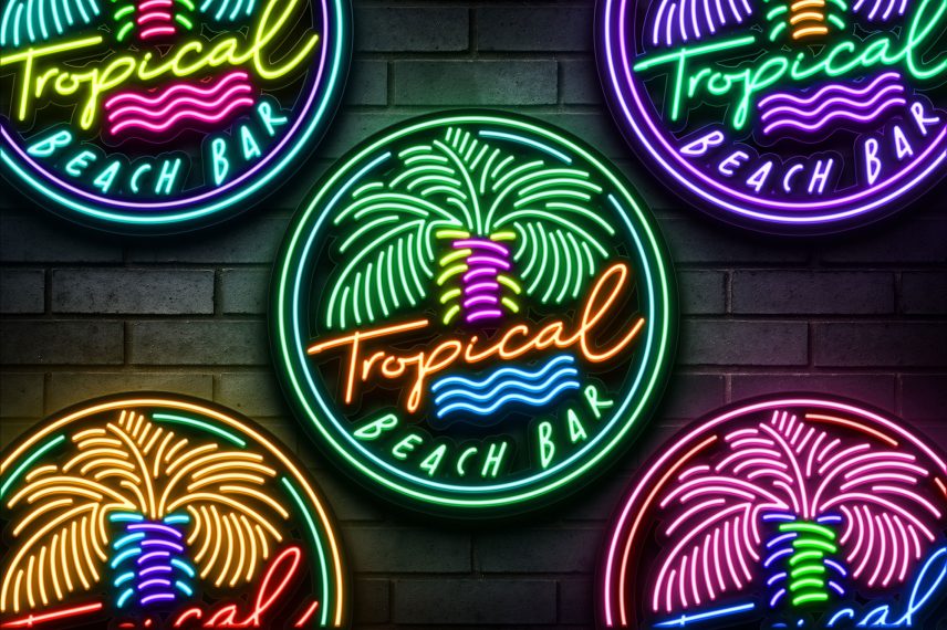 Tropical Beach Bar Logo Neon Sign PSD / EPS Vector