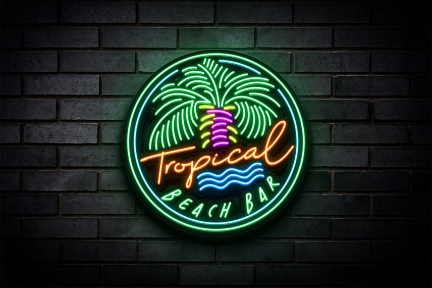Tropical Beach Bar Logo Neon Sign PSD / EPS Vector