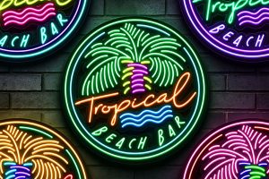 Tropical Beach Bar Logo Neon Sign PSD / EPS Vector